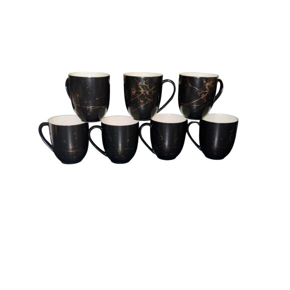 Set Of 7 Stone + Lain Black & Gold Marble Porcelain Coffee Mugs Dishwasher Safe - Picture 1 of 6